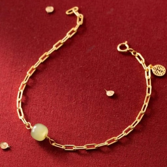 18k Gold Plating Over 925 Sterling Silver Natural Jade Link Bracelet - Picture 3 of 5